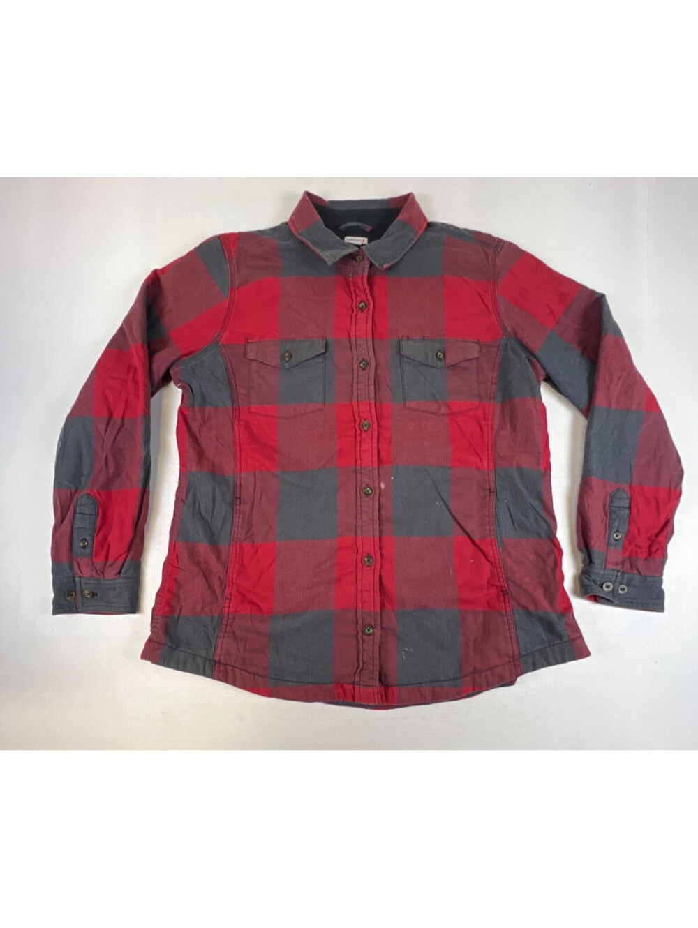 Carhartt Women L (12/14) Red Blk Buffalo Plaid Fleece Lined Flannel Shirt Jacket